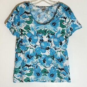 Kate & Henry Shirt Womens Medium Blue Green Floral Rhinestone Scoop Neck Tee M